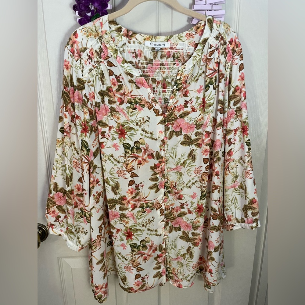 Rose & Olive Floral Blouse - Pink and Green